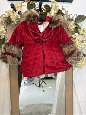 Girls' Red Quilted Puffer Coat with Faux-Fur Trim